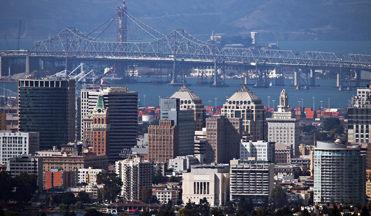 Oakland skyline and Bay Bridge viewed from the Oakland Hills