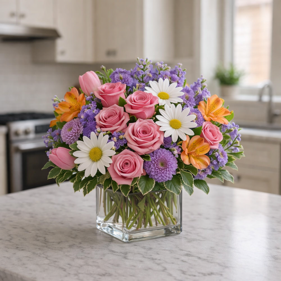 Cheerful Garden Blooms in Modern Vase — Premium