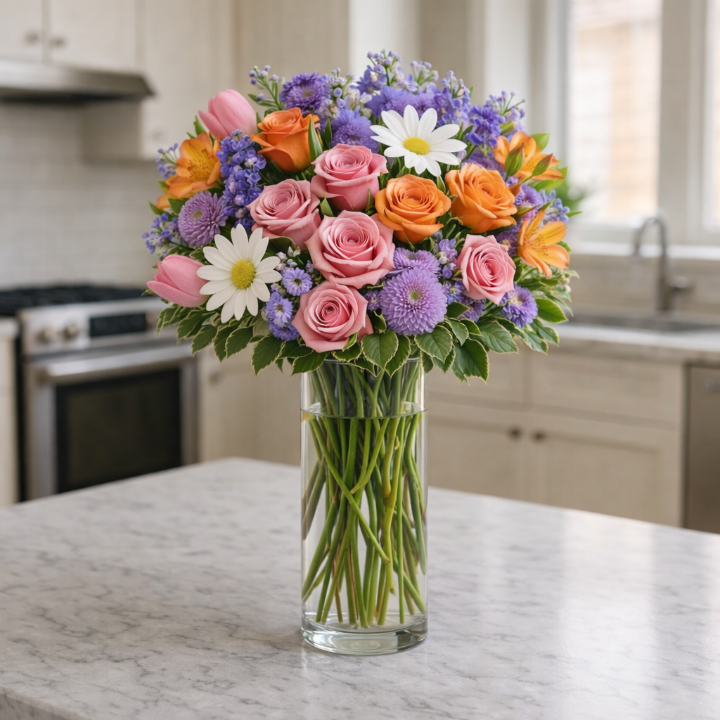 Cheerful Garden Blooms in Modern Vase — Exquisite selection — BF-0193