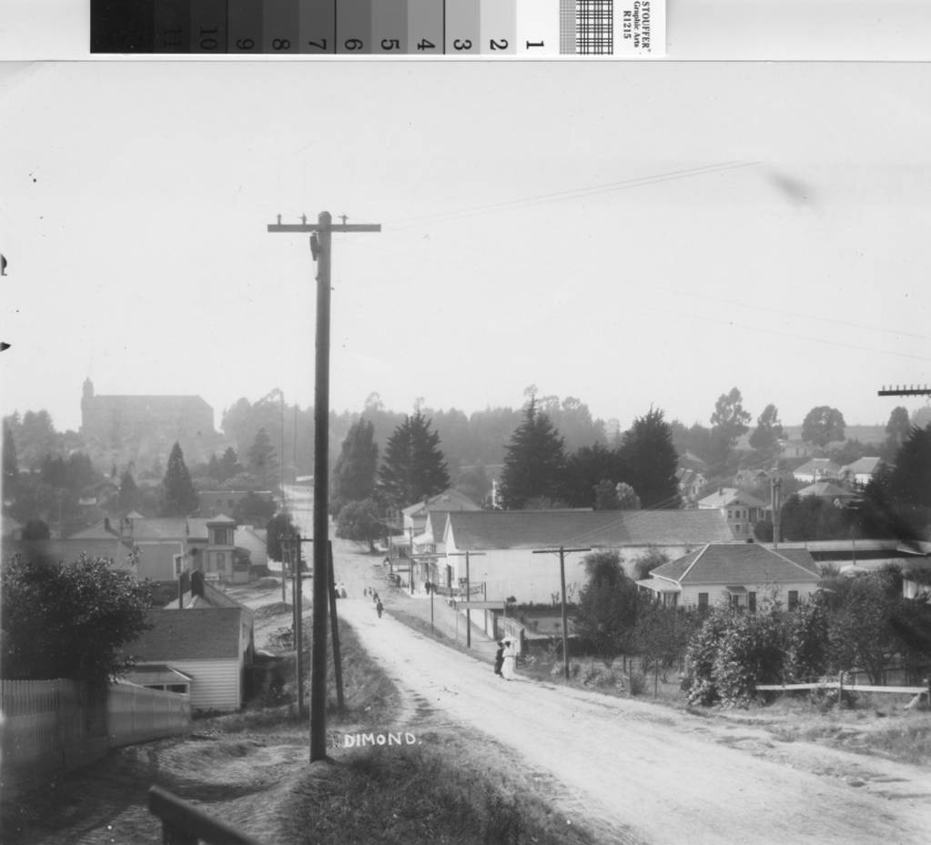 Historic view west along Hopkins Street in the Dimond District in 1910
