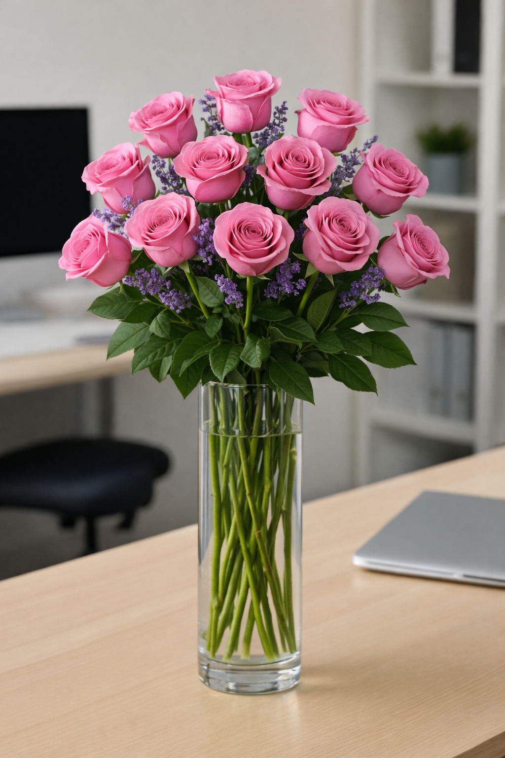 One Dozen Elegant Pink Roses on Desk — Standard selection — BF-0158