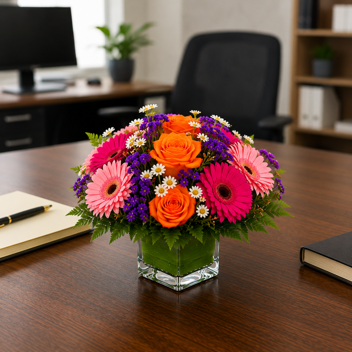 Bright seasonal Everyday Designer Bouquet with orange roses, pink gerbera daisies, purple accent flowers, white daisy accents, and fresh greenery in a designer vase.