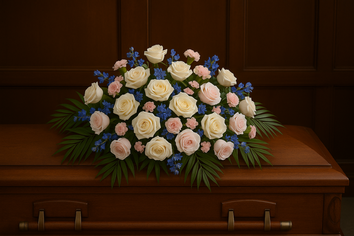 Feminine Roses and Blooms Half Casket Spray — Exquisite selection — BF-0135