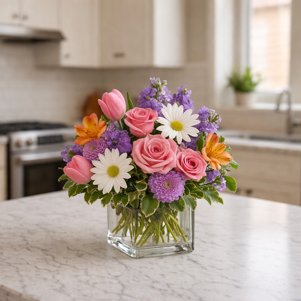 Cheerful Garden Blooms in Modern Vase — Deluxe selection — BF-0193
