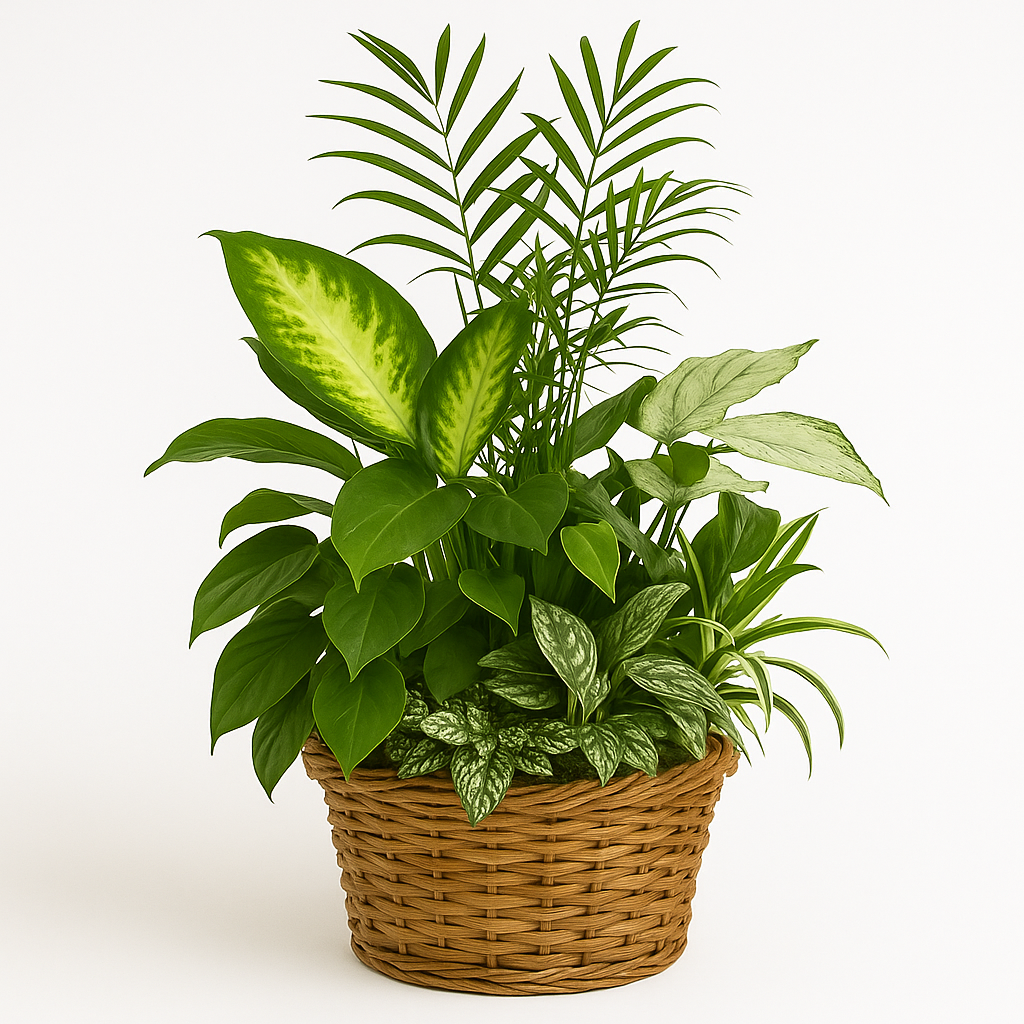 Lush Plant Display in Wicker Basket — Deluxe selection — BF-0156