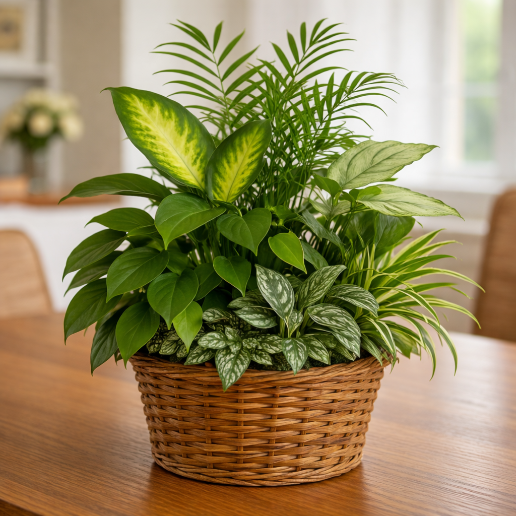Lush Plant Display in Wicker Basket — Premium selection — BF-0156
