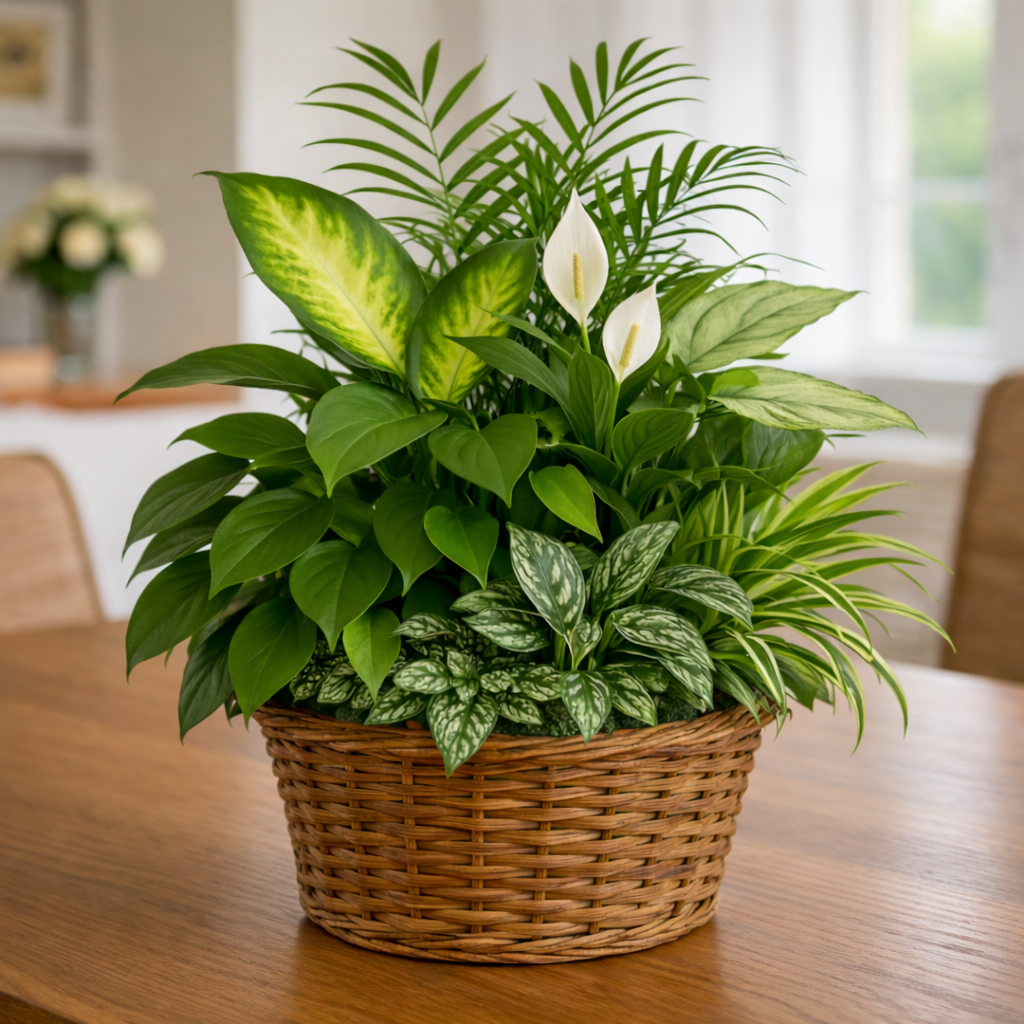 Lush Plant Display in Wicker Basket — Exquisite selection — BF-0156