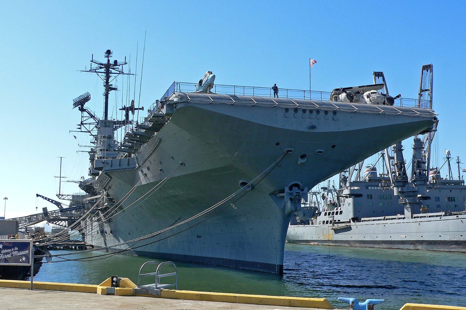 The aircraft carrier USS Hornet docked at Alameda Point