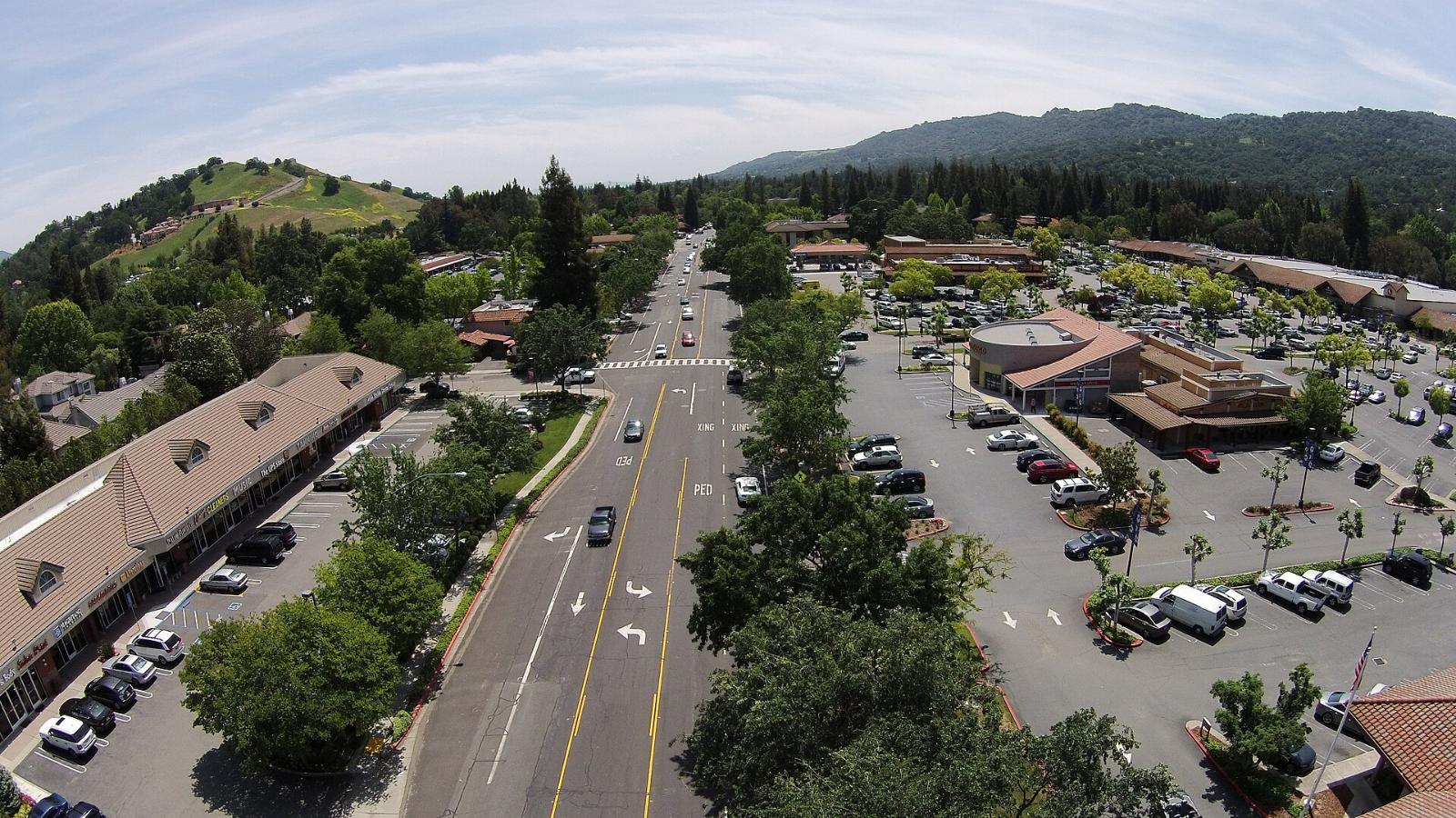 Aerial view of Danville Boulevard and the shopping centers of downtown Alamo