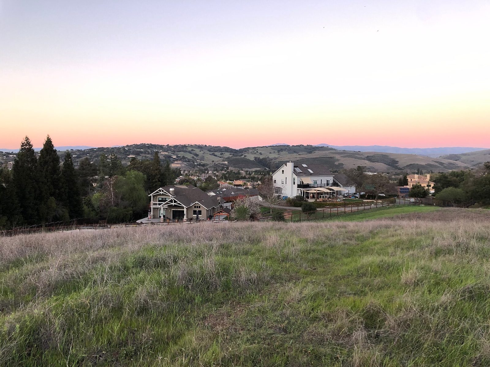 Homes and hills seen from a grassy slope in Almaden Quicksilver County Park
