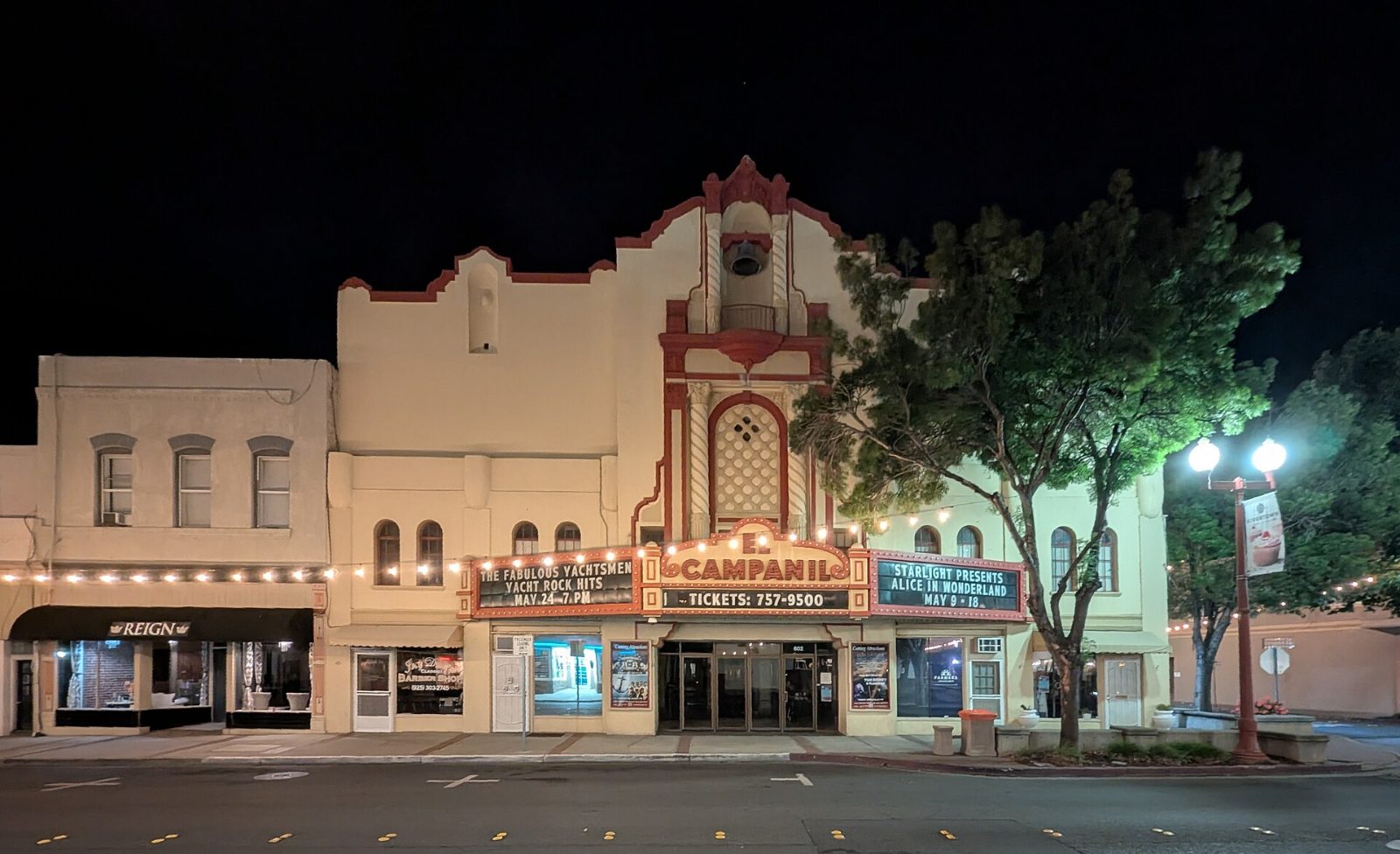 The El Campanil Theatre lit up at night in Antioch’s Rivertown district