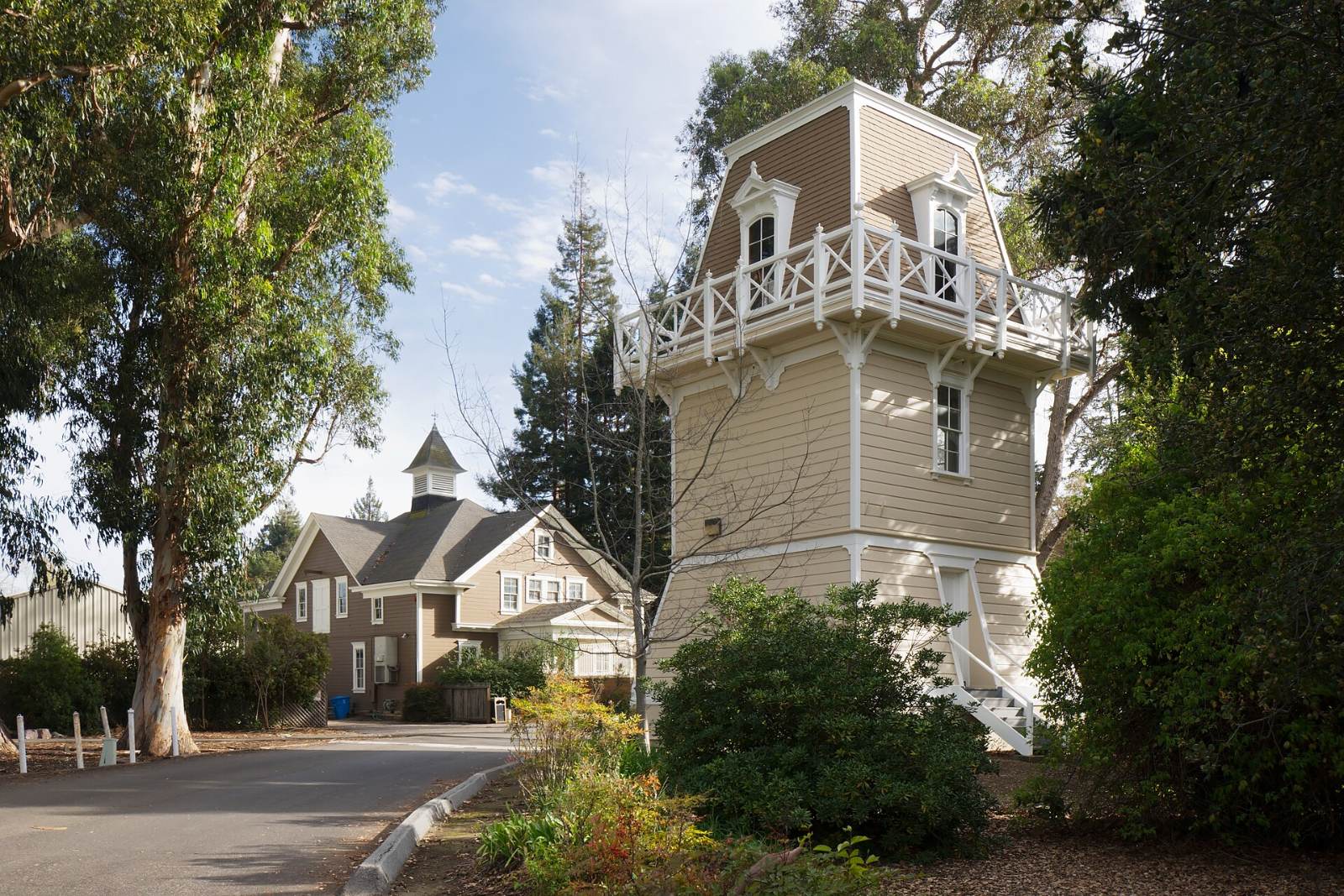 The historic water tower and lawns at Holbrook-Palmer Park in Atherton