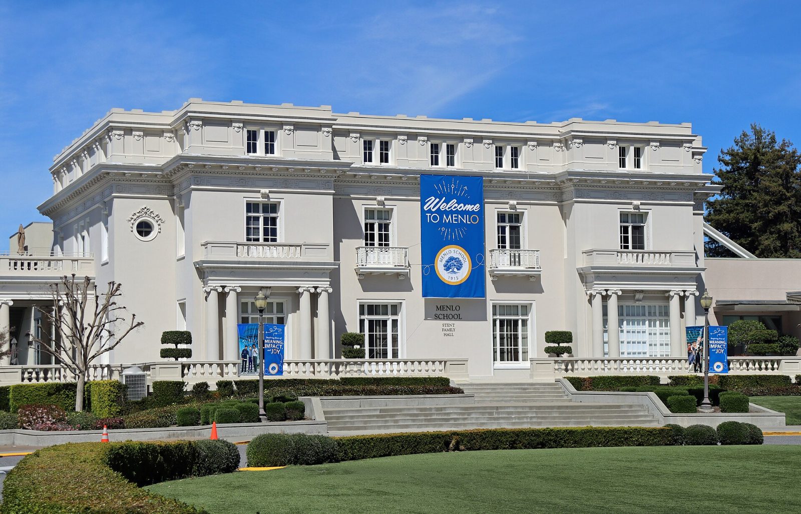 Stent Family Hall, a white mansion on the Menlo School campus in Atherton