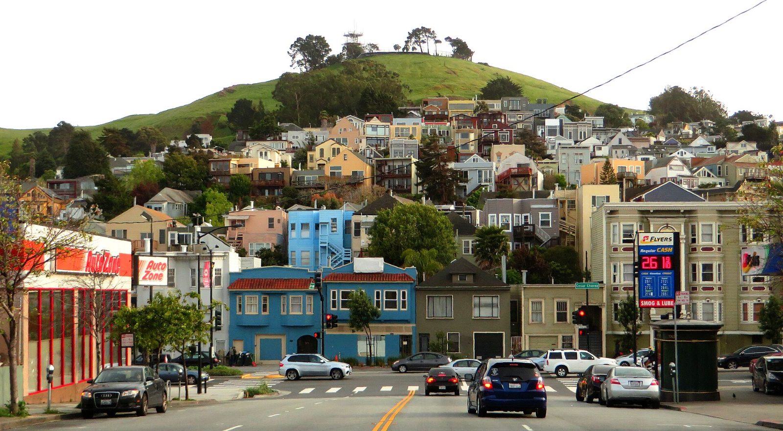 Houses on the slopes of Bernal Heights with Bernal Hill above