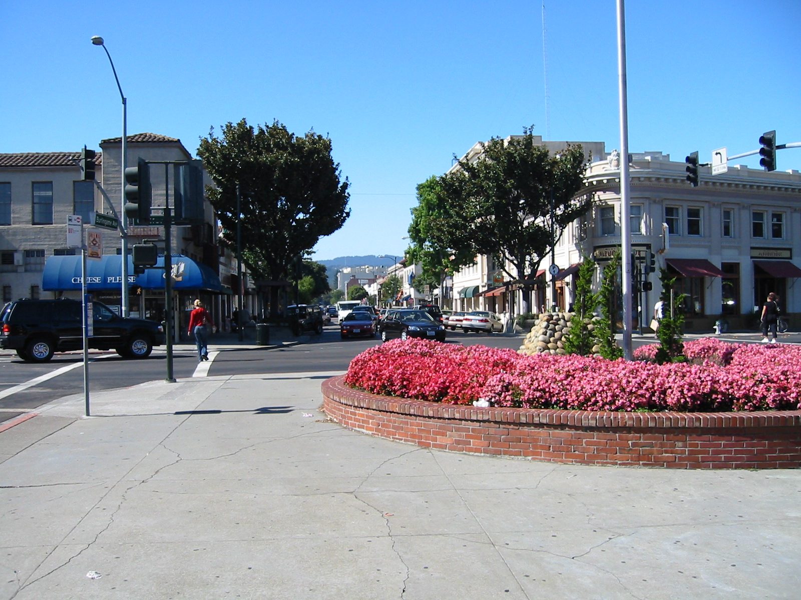 Shops and a flower bed on Burlingame Avenue in downtown Burlingame