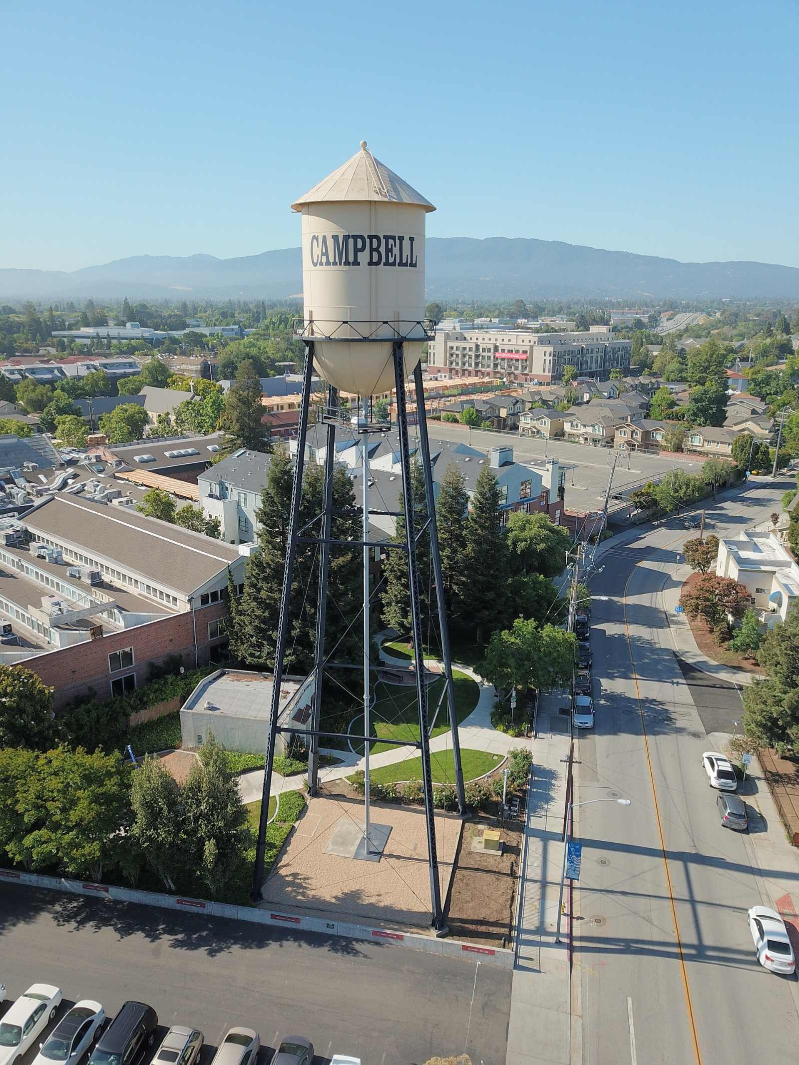 Aerial view of the Campbell water tower above downtown Campbell