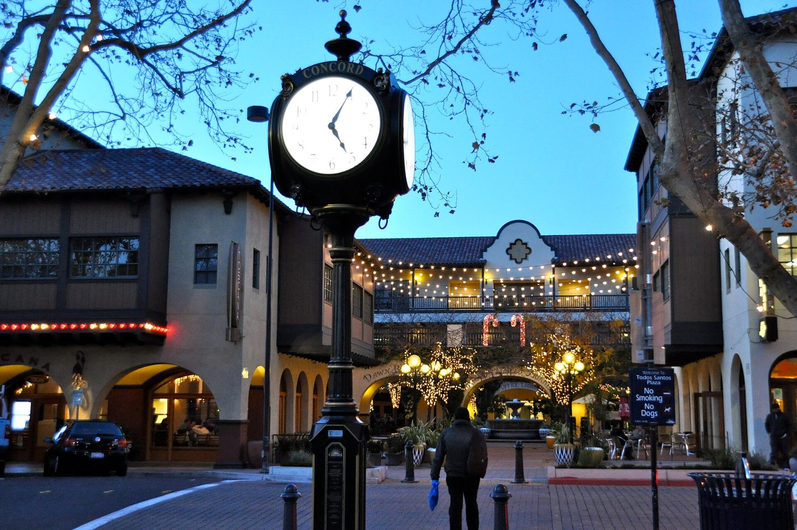 A street clock and trees at Todos Santos Plaza in downtown Concord