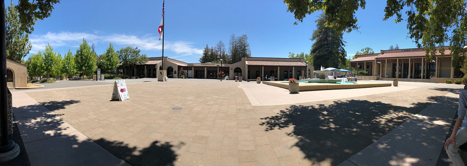 A wide plaza and buildings on the De Anza College campus