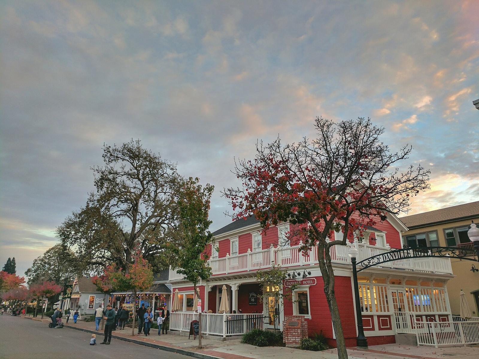 Historic storefronts and trees along Hartz Avenue in downtown Danville