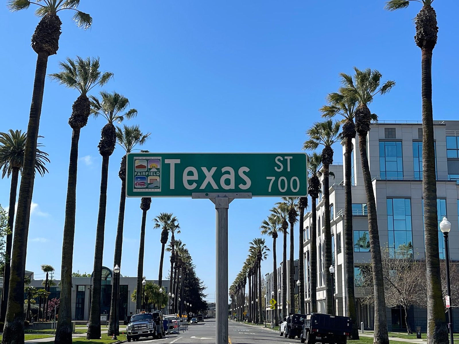 The Texas Street sign with palm trees in Fairfield