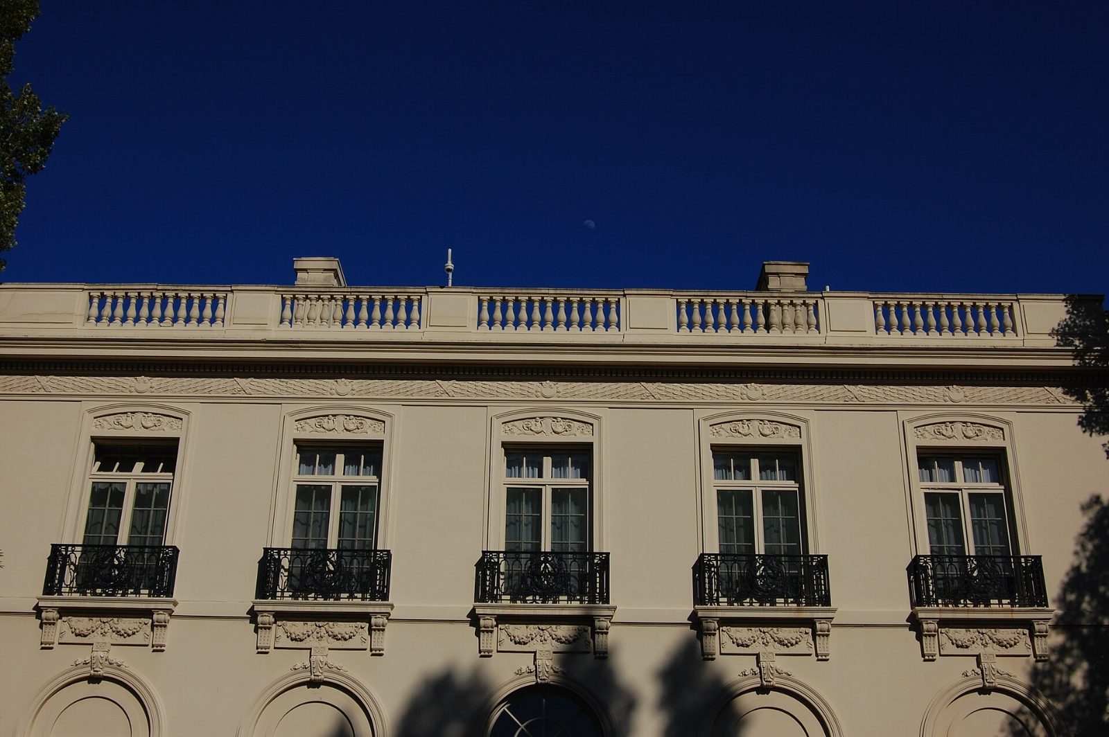 The classical stone facade of the Newhall estate in Hillsborough