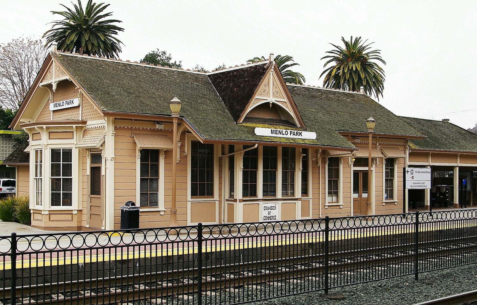 The historic Menlo Park railroad station building with its peaked roof