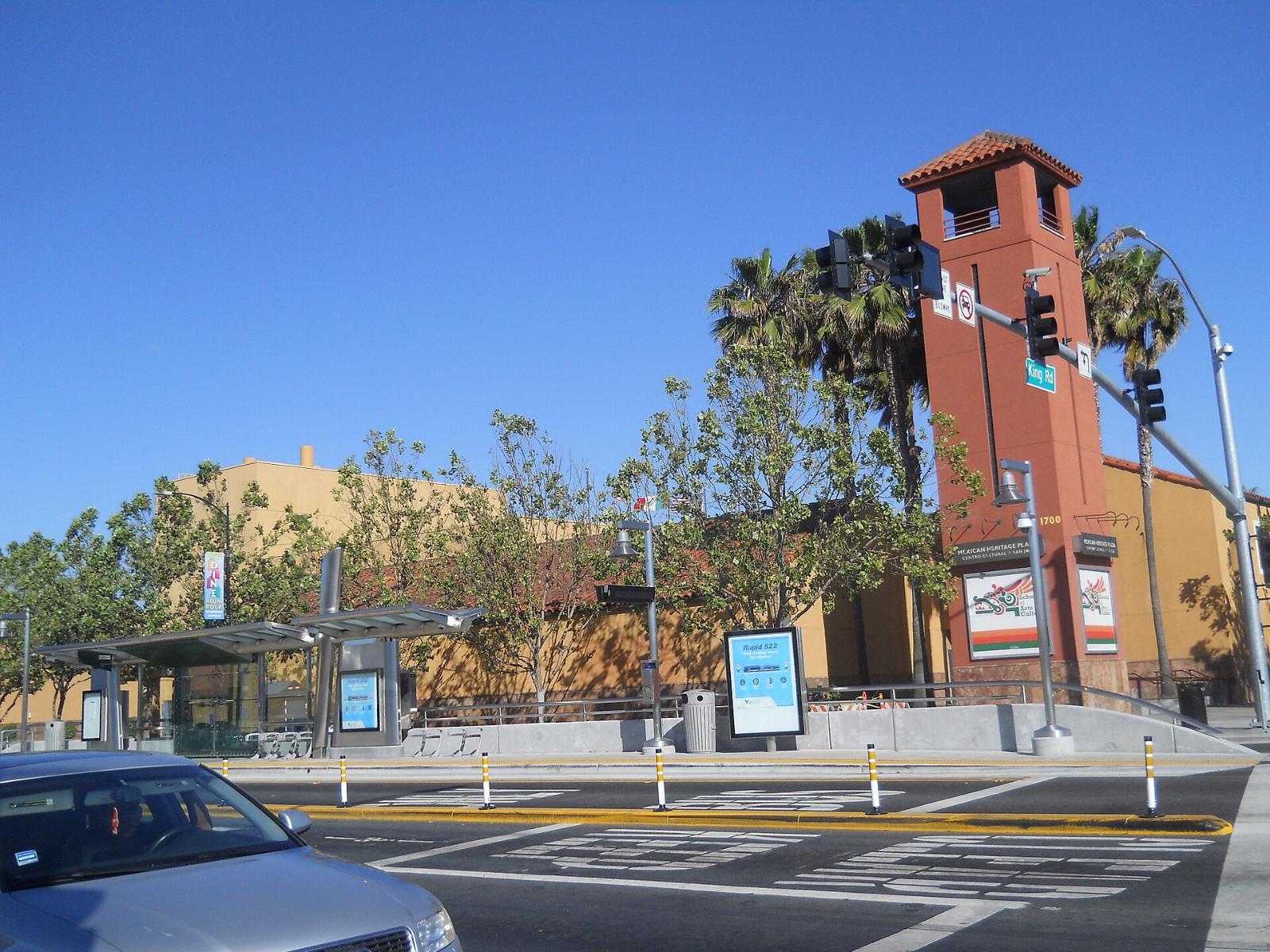 The tower and palm trees at the Mexican Heritage Plaza on Alum Rock Avenue