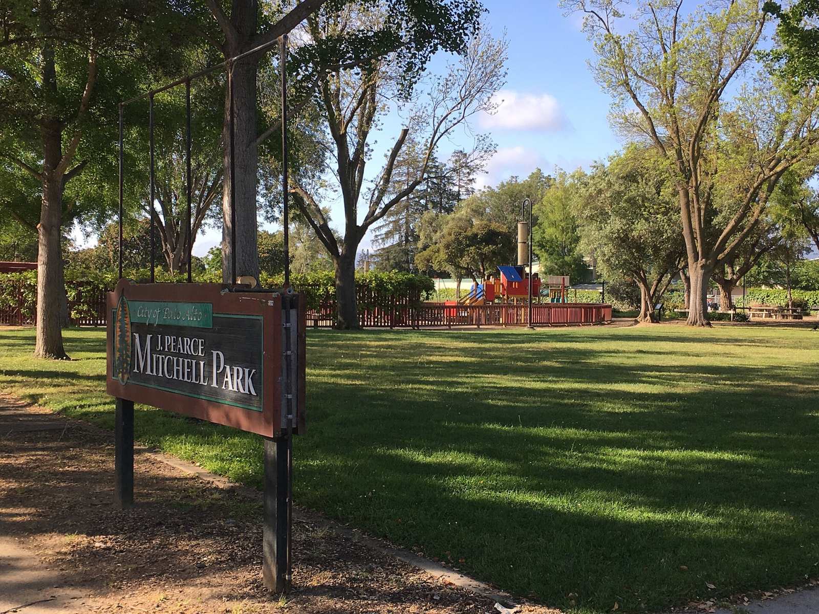 Lawns and trees at Mitchell Park in Palo Alto