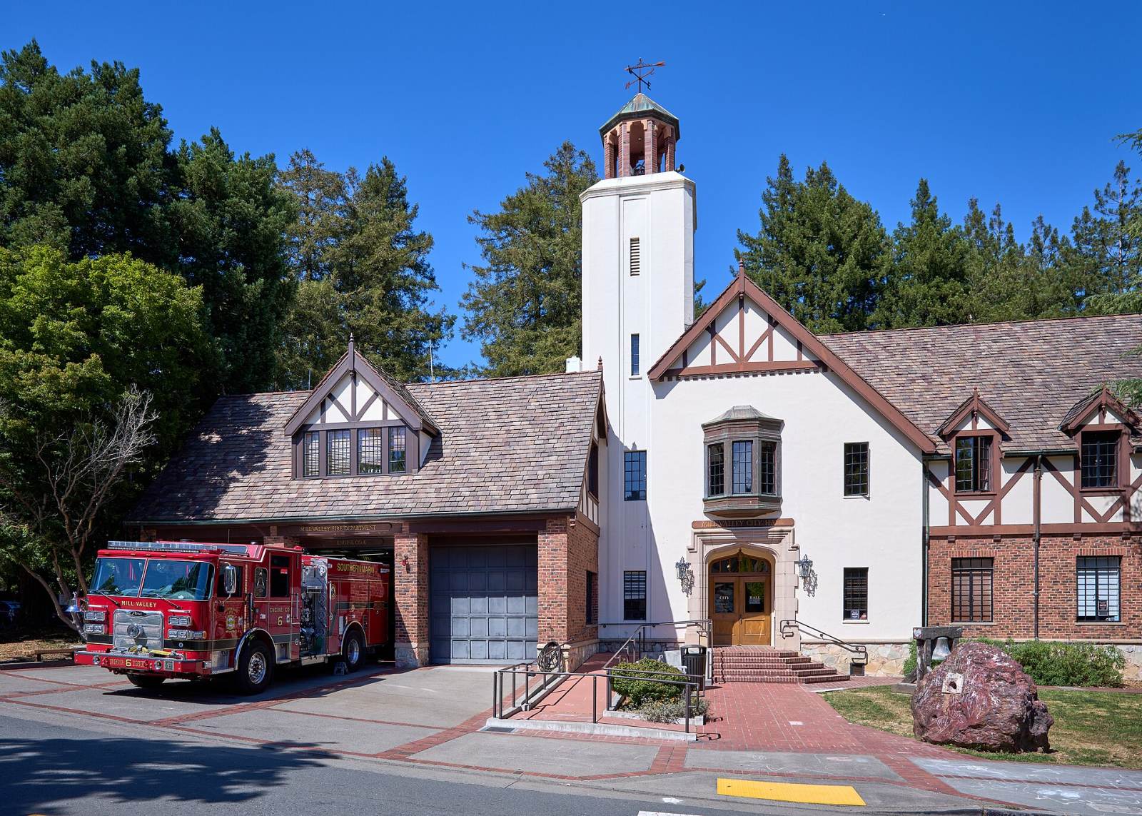 Mill Valley City Hall and Fire Station, a white building with a small tower