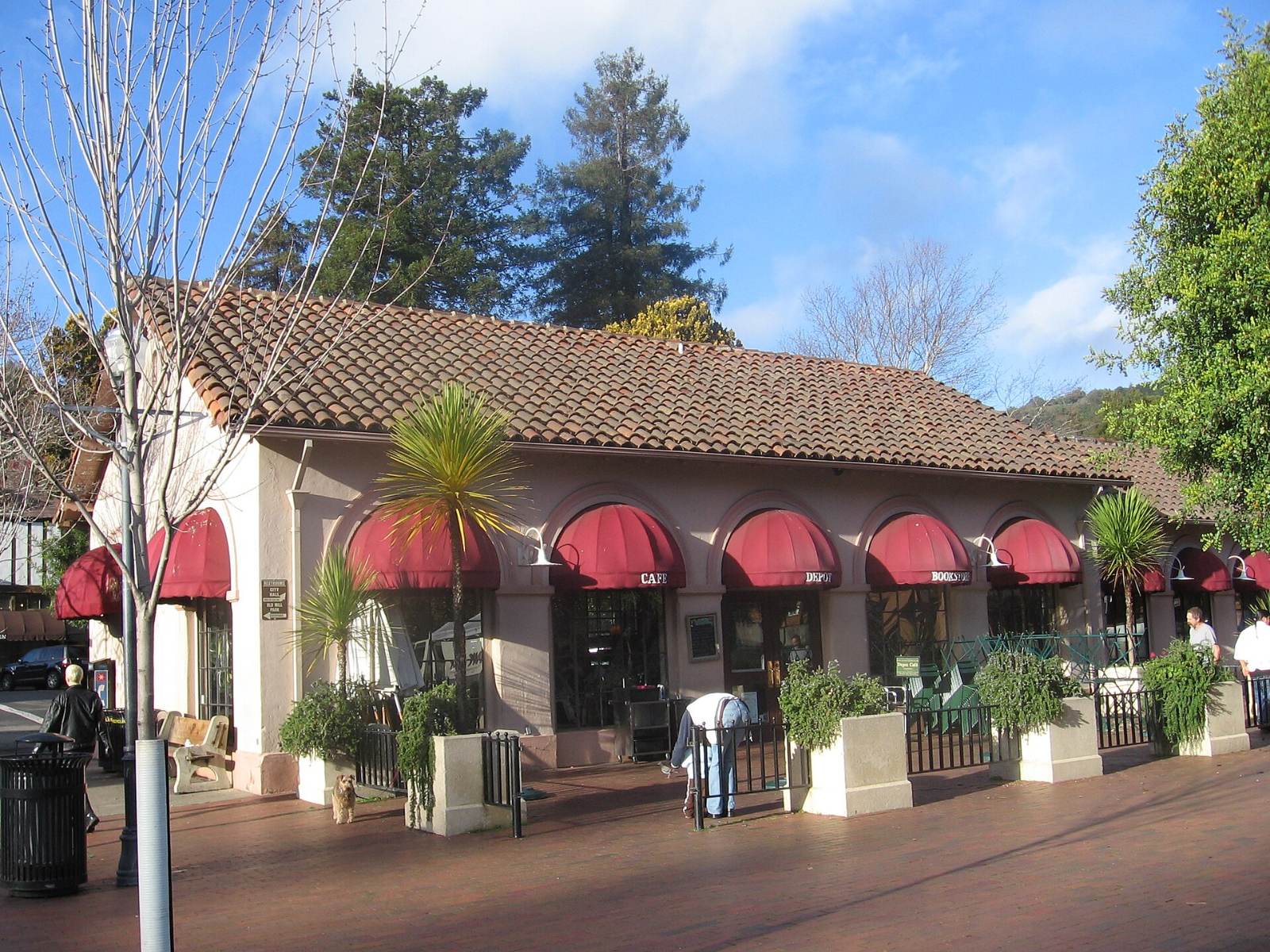 The old Mill Valley railroad depot with its red tile roof, now a bookstore and café