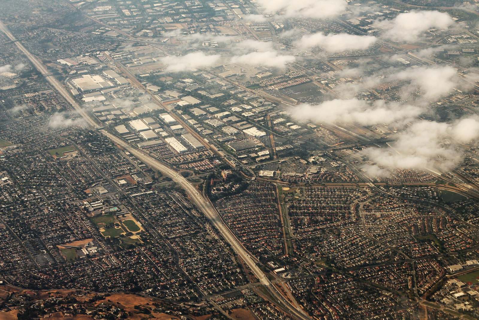Aerial view of Milpitas with the eastern hills and the edge of the bay