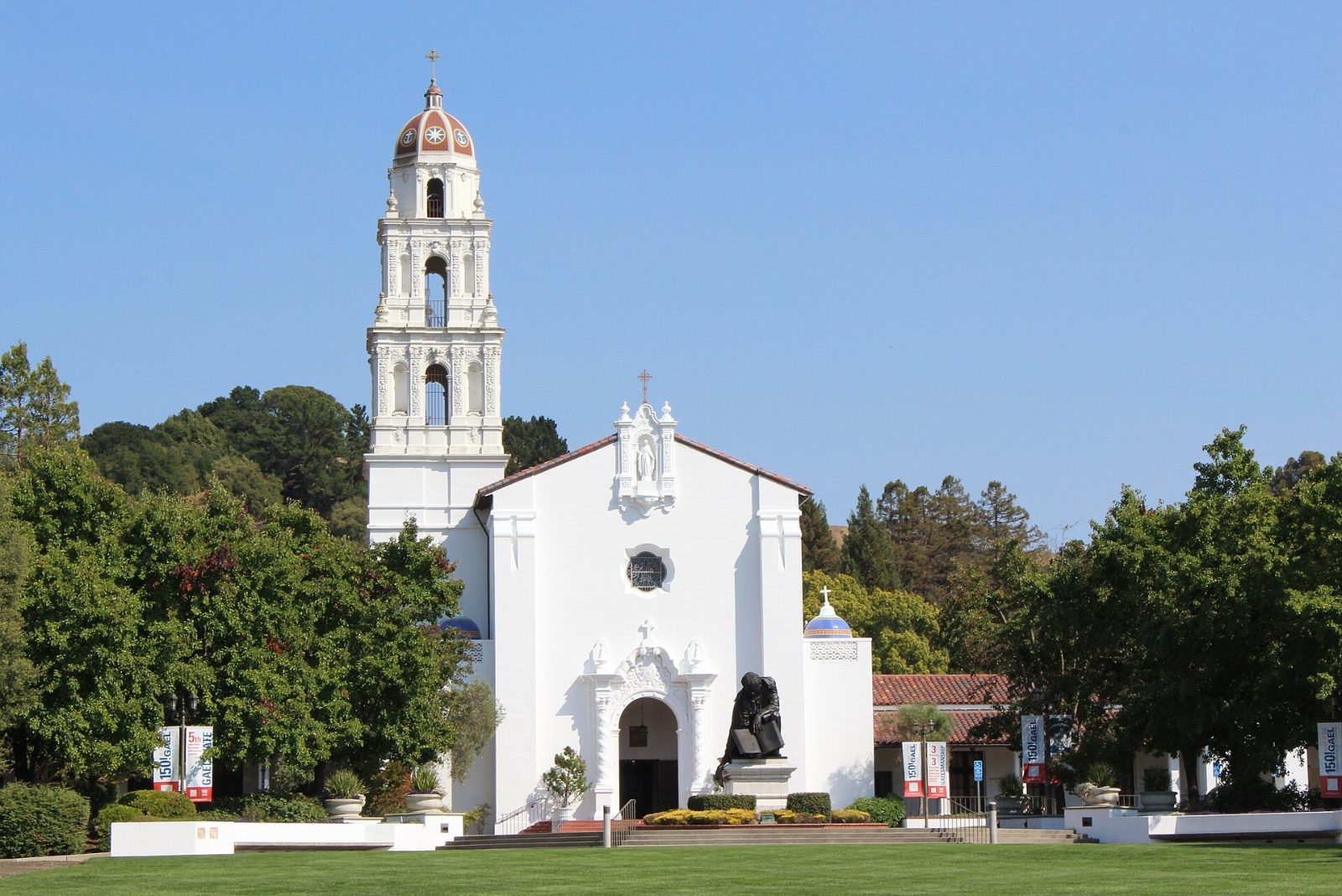 The white chapel and bell tower of Saint Mary’s College of California