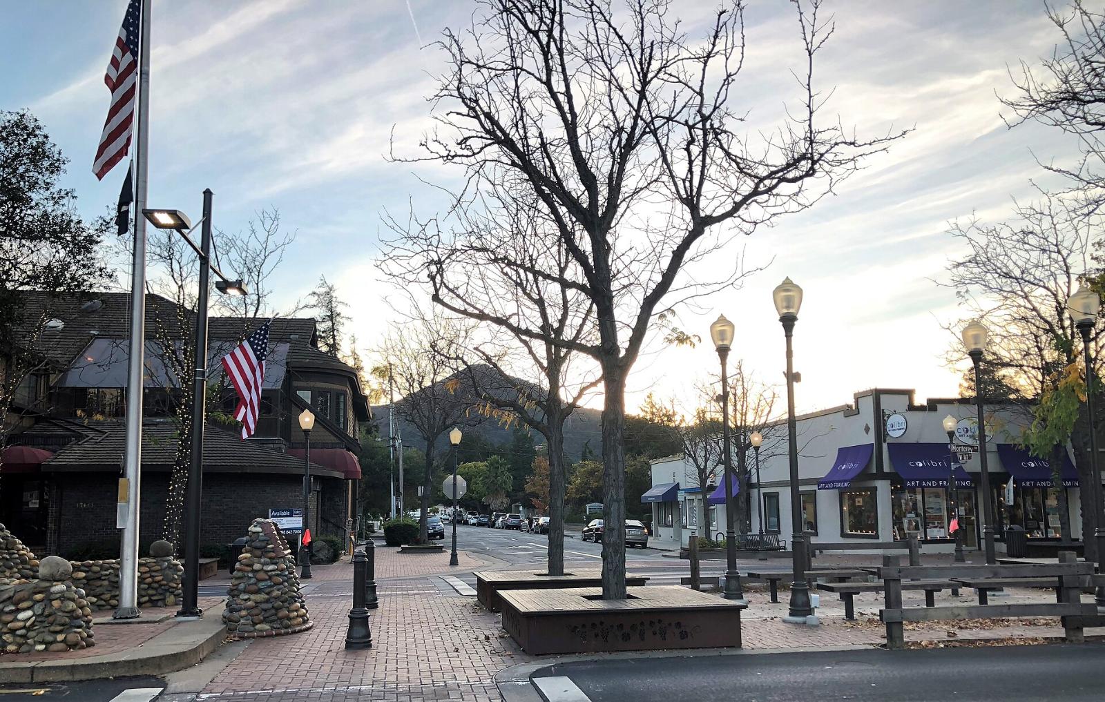 Downtown Morgan Hill with El Toro rising behind the street