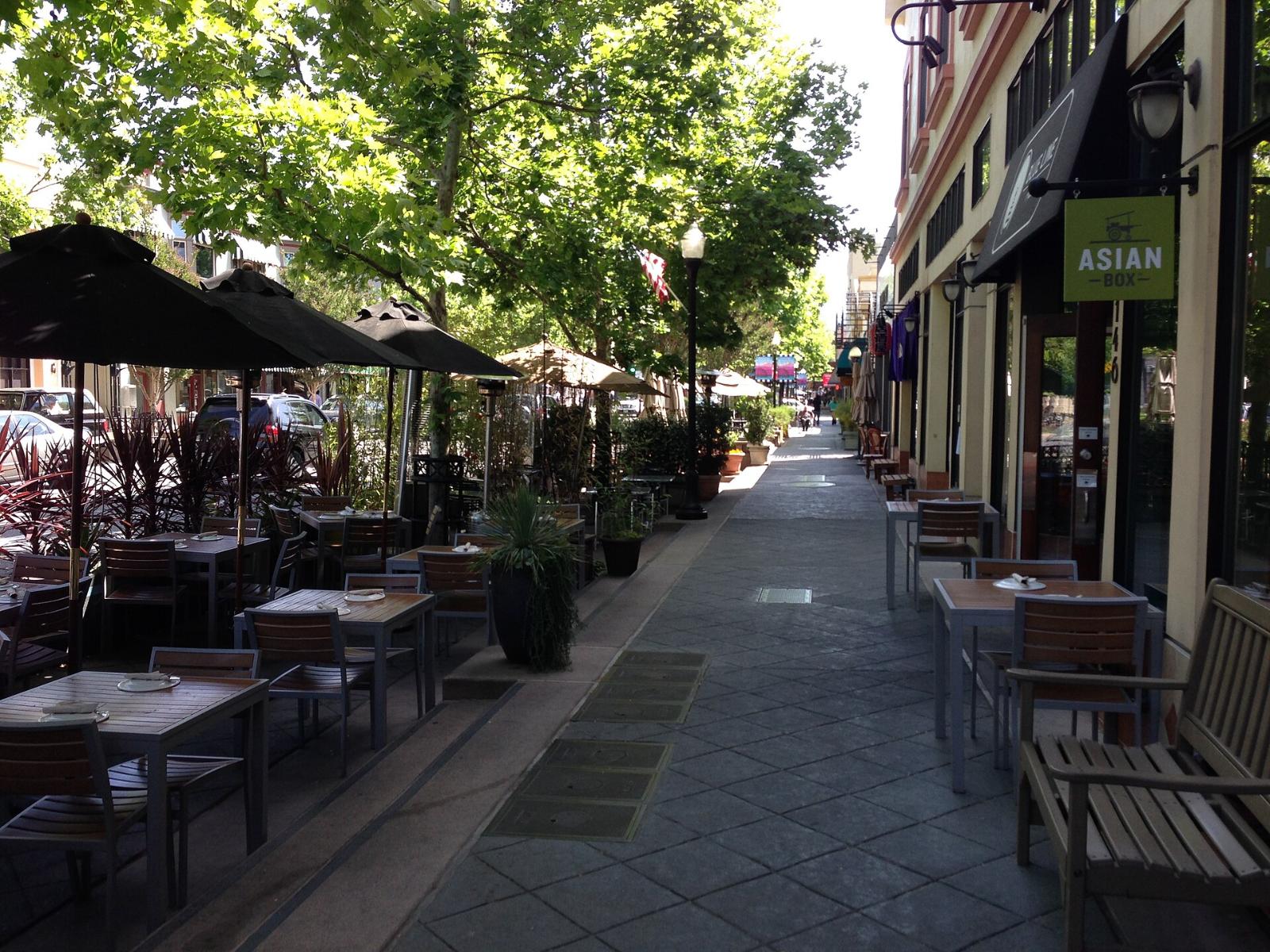 Outdoor café tables along the sidewalk on Castro Street in Mountain View