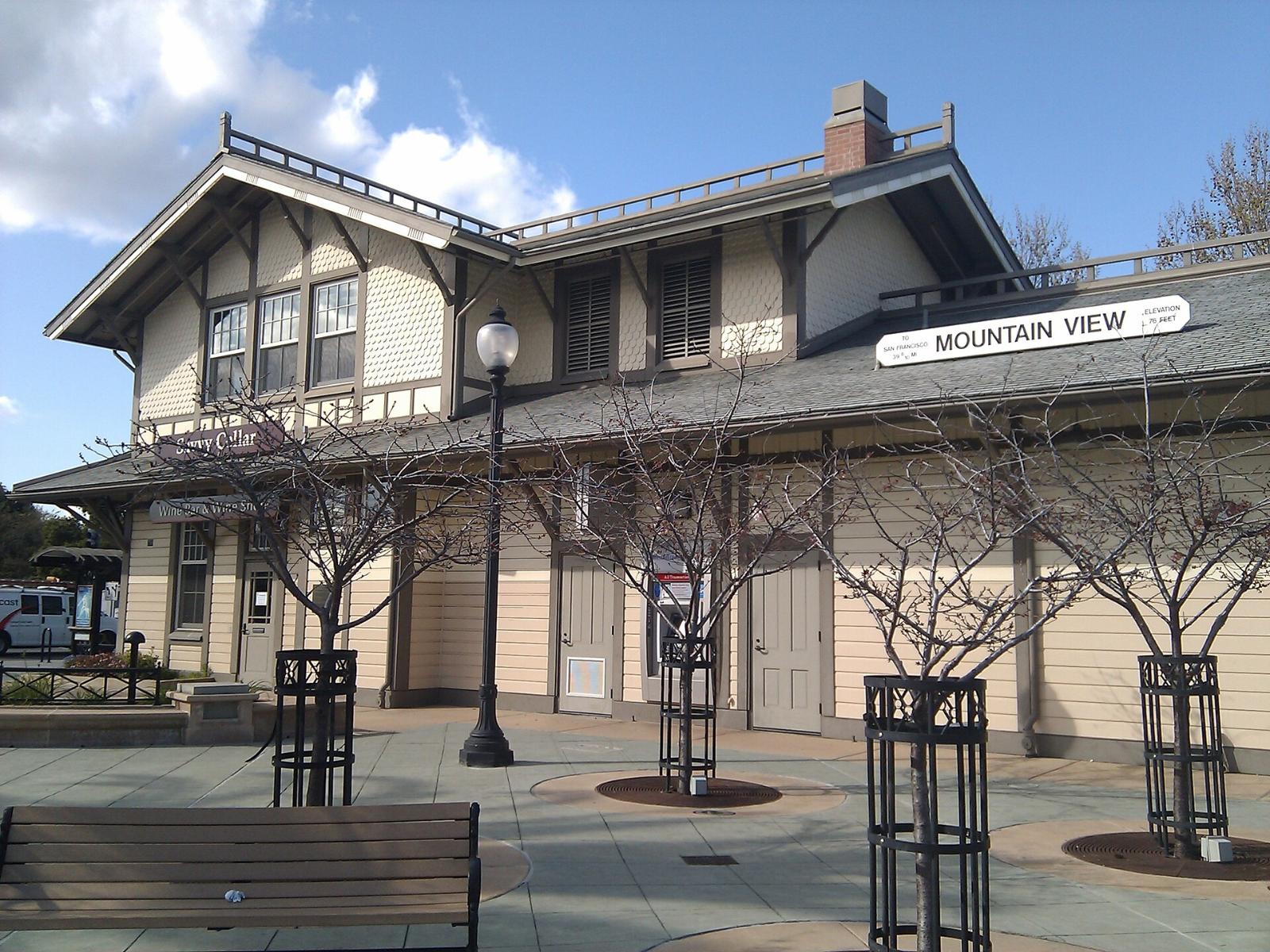 The wooden depot-style building at the Mountain View train station