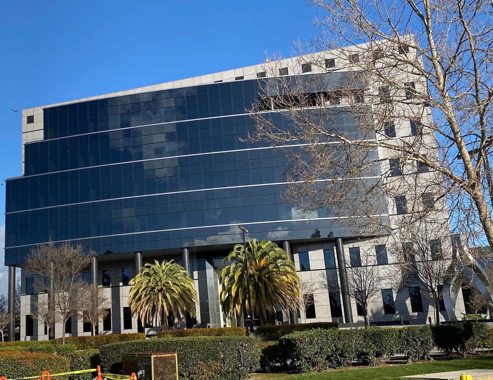 A glass office building with palm trees in North San Jose