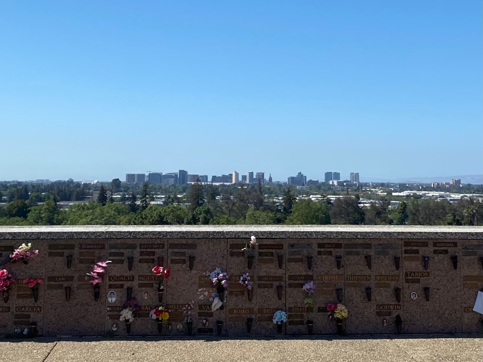 View of downtown San Jose from the hillside at Oak Hill Memorial Park