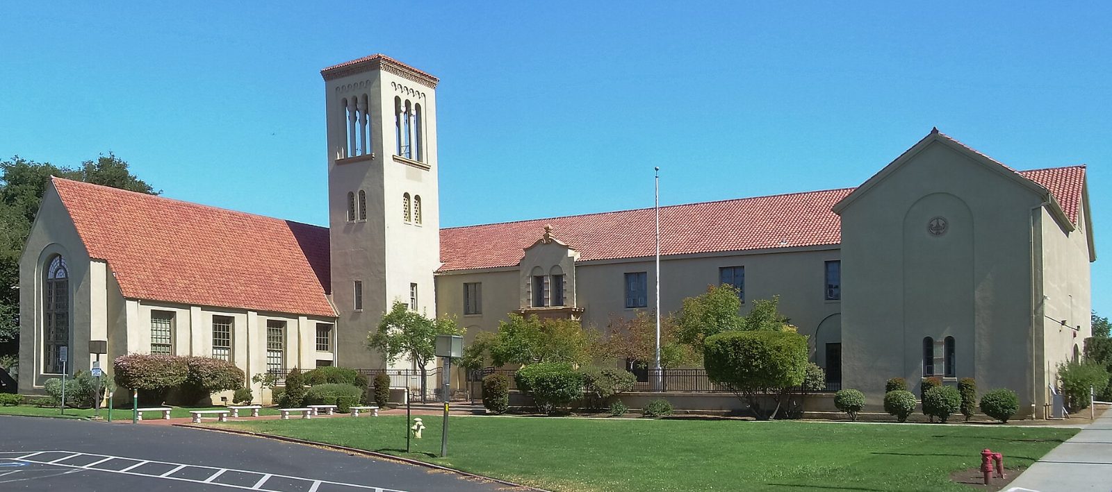 The Spanish-style tower and buildings of Palo Alto High School