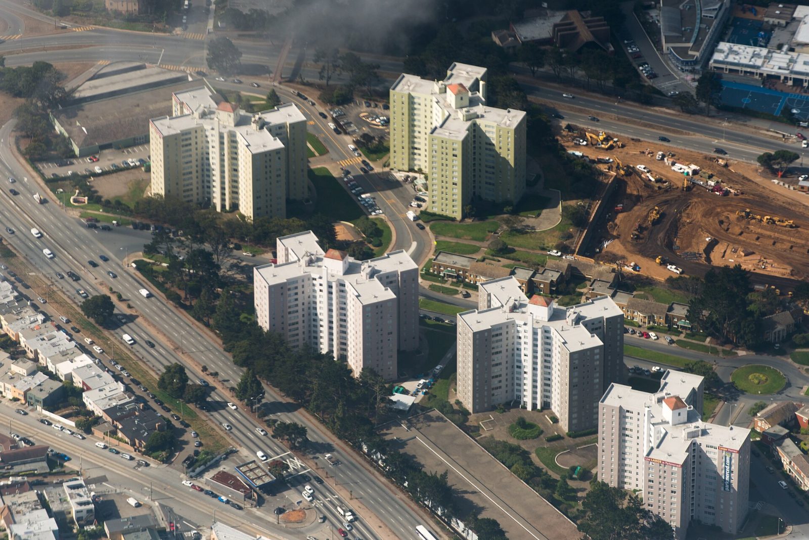 Aerial view of Parkmerced apartment towers and garden buildings in San Francisco