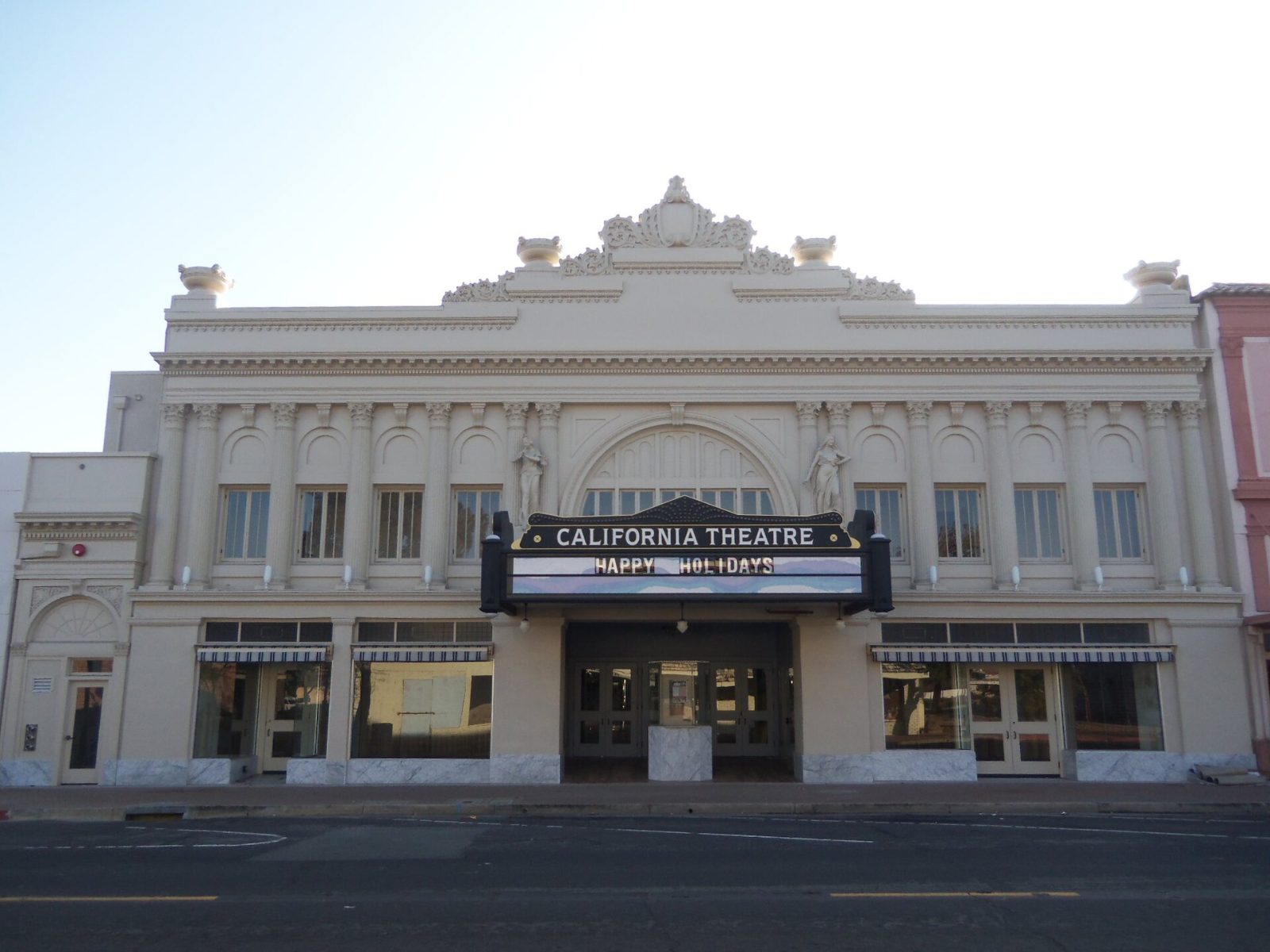 The front of the historic California Theatre with its marquee in Old Town Pittsburg