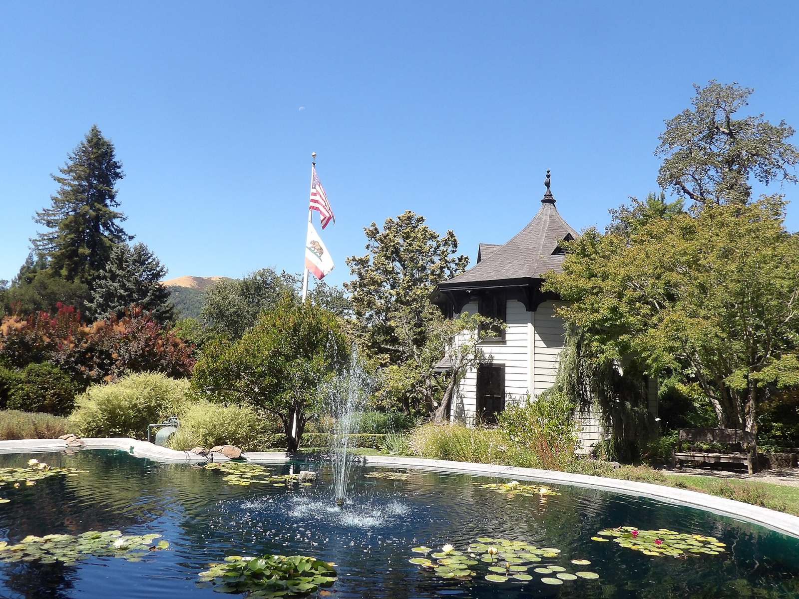 The fountain pond and octagonal house at the Marin Art and Garden Center in Ross