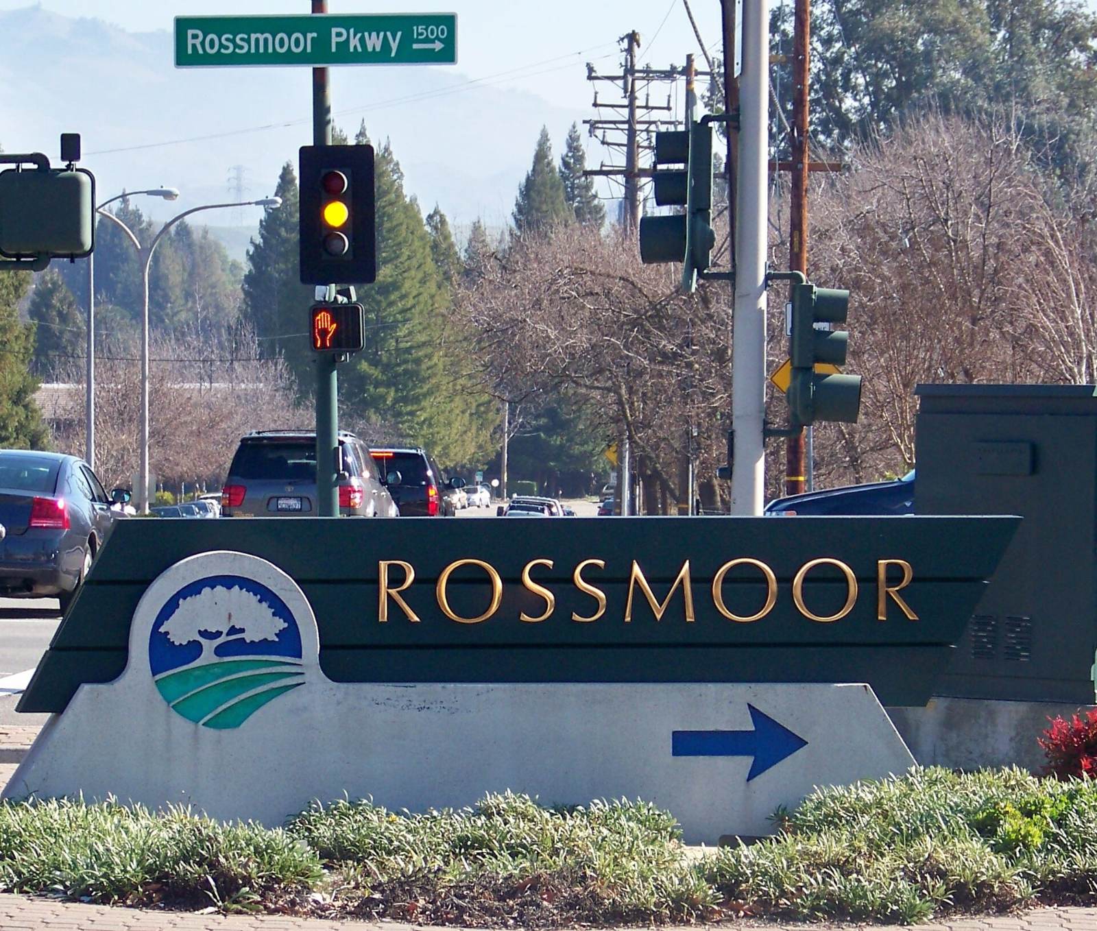 The Rossmoor entrance sign beside a landscaped road with trees