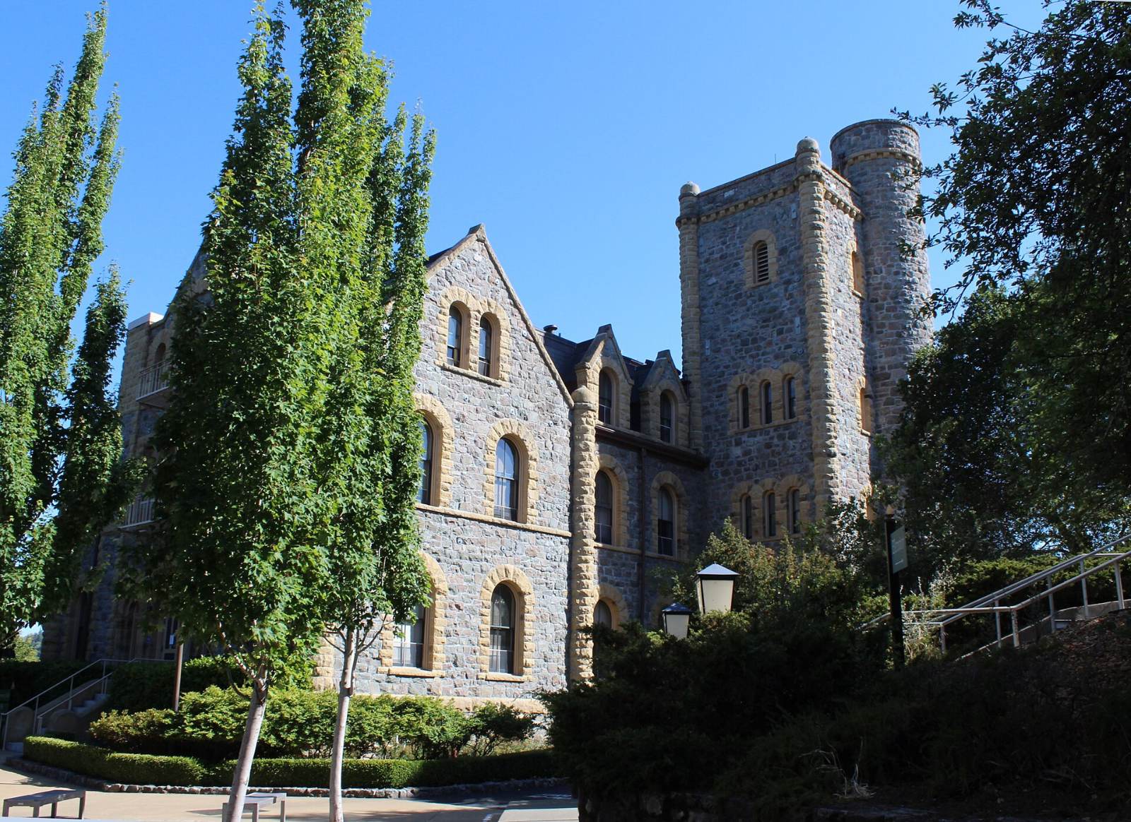 The stone towers of San Francisco Theological Seminary in San Anselmo