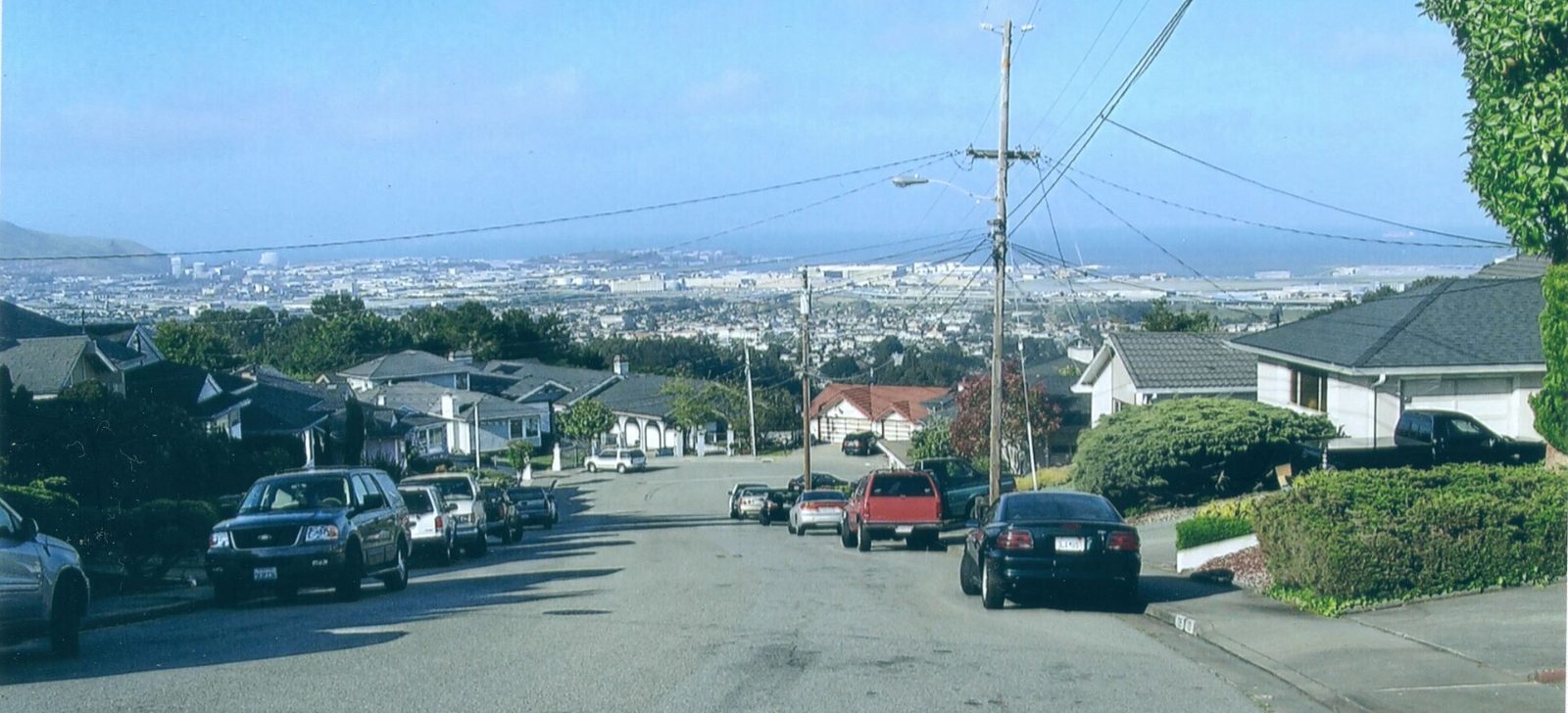 A San Bruno hillside street looking out toward San Francisco Bay