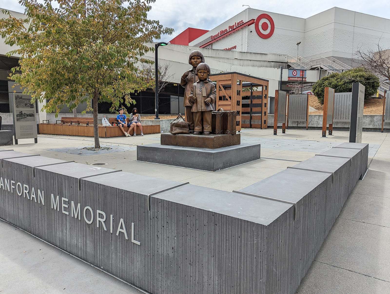 The Tanforan Memorial bronze sculpture on the plaza near San Bruno BART
