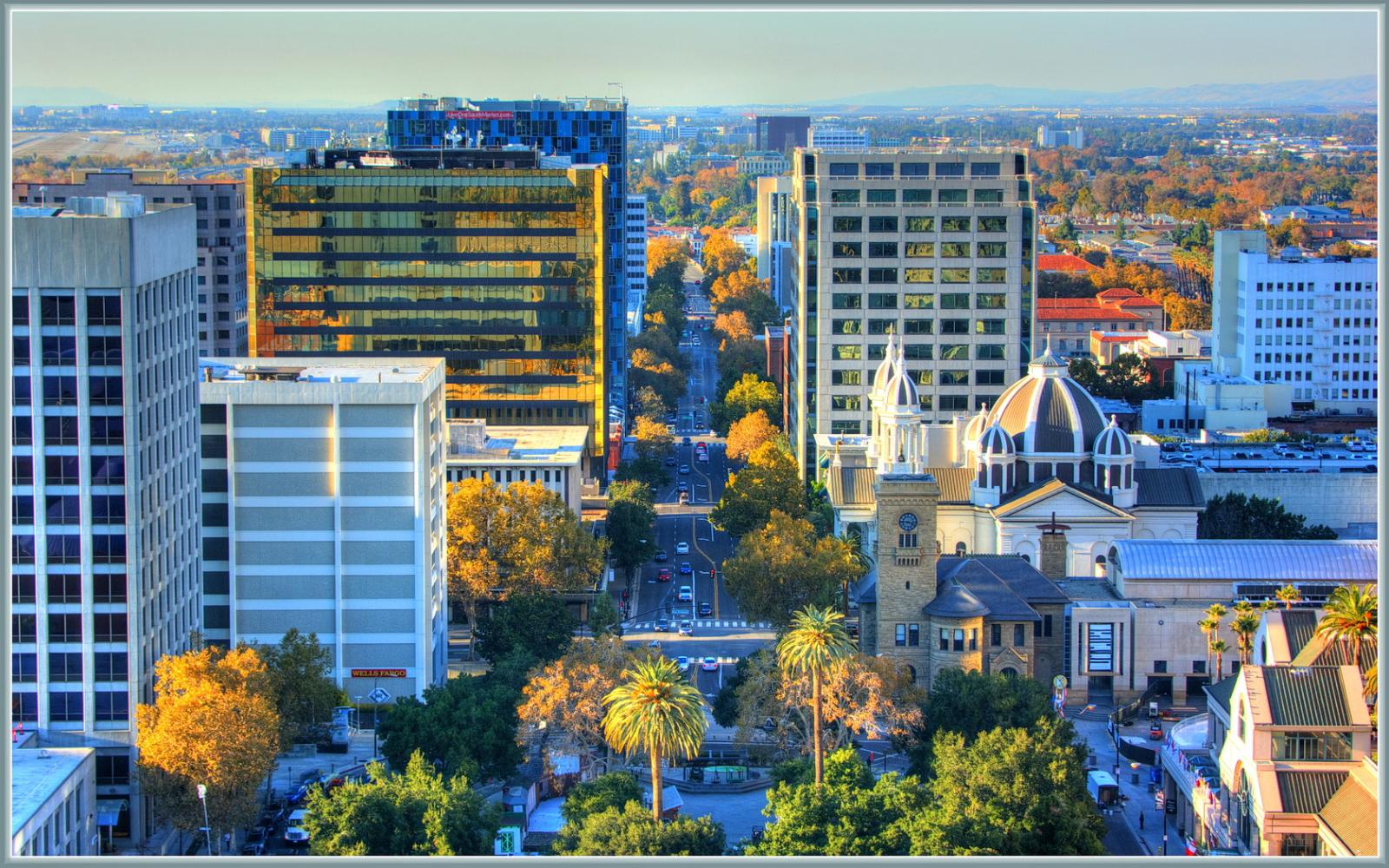 Downtown San Jose seen from above, with the Cathedral Basilica of St. Joseph
