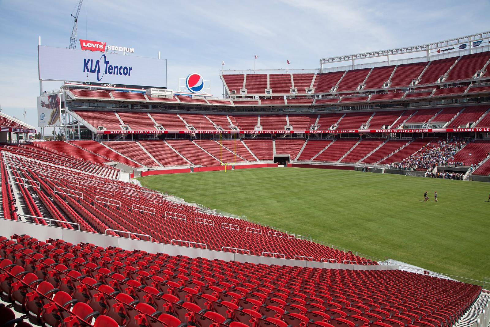 Rows of red seats inside Levi’s Stadium in Santa Clara