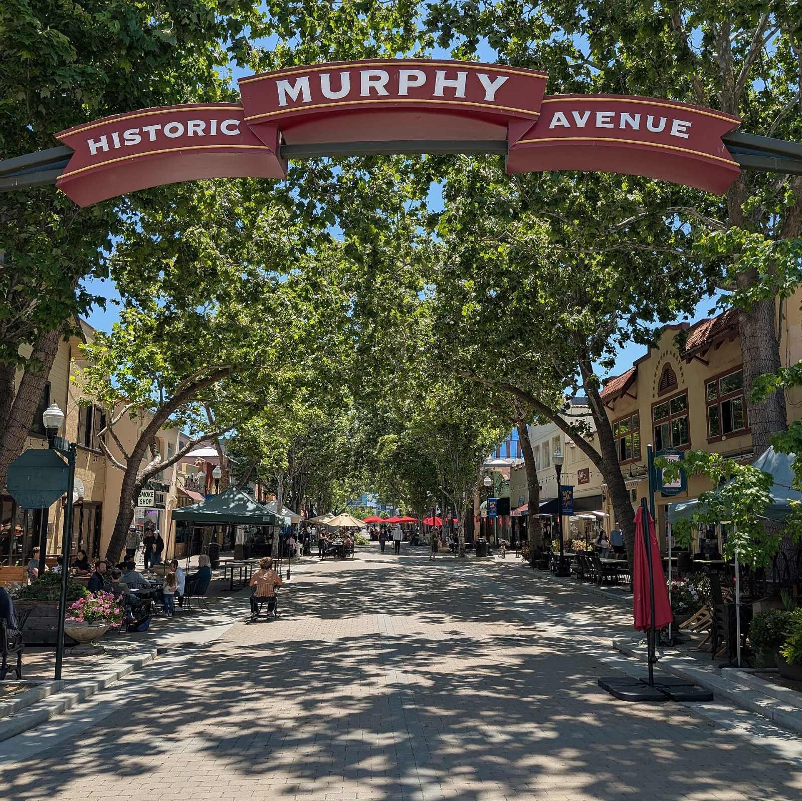 Trees shading outdoor tables on historic Murphy Avenue in Sunnyvale