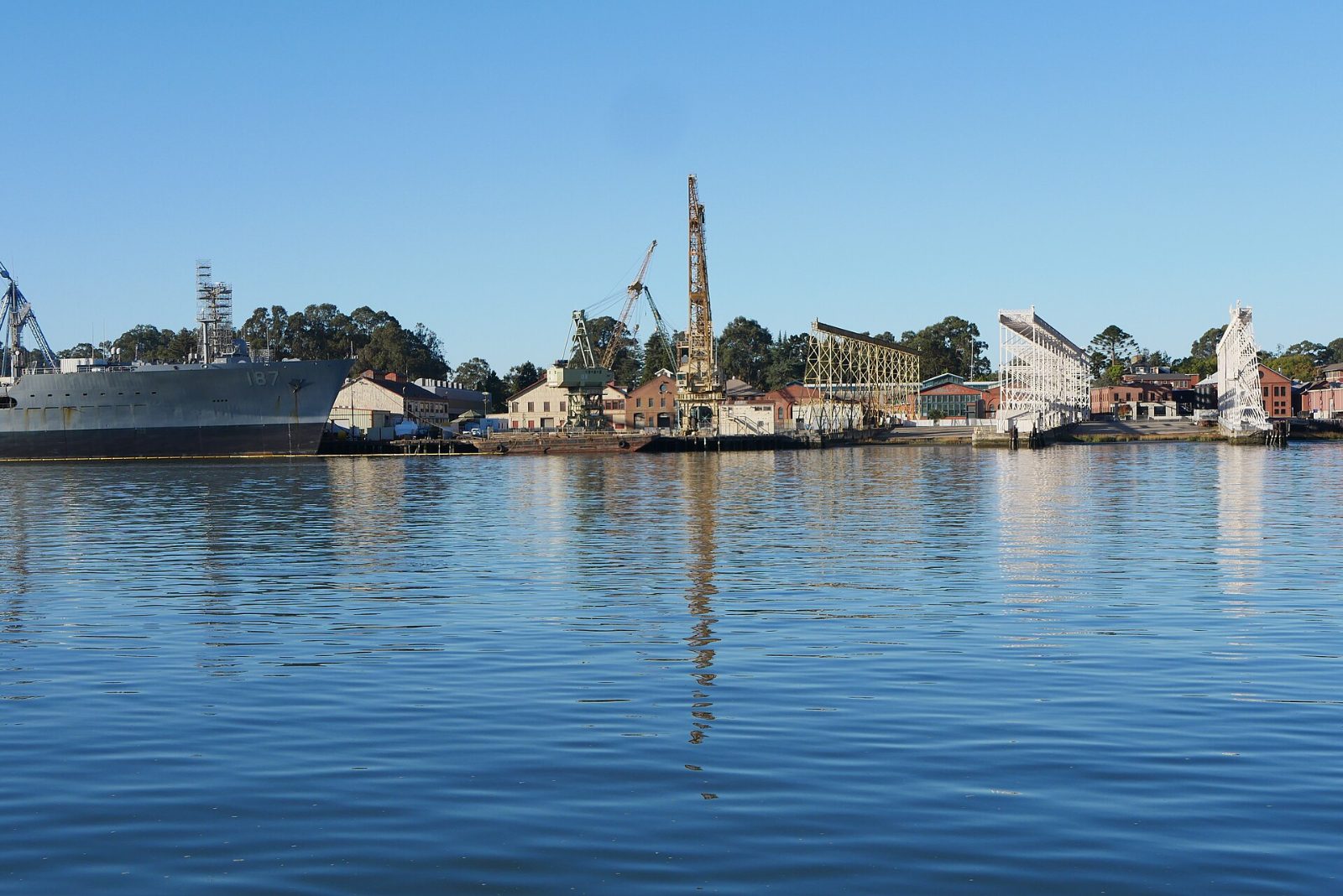 Mare Island buildings and a tower seen across the water from Vallejo
