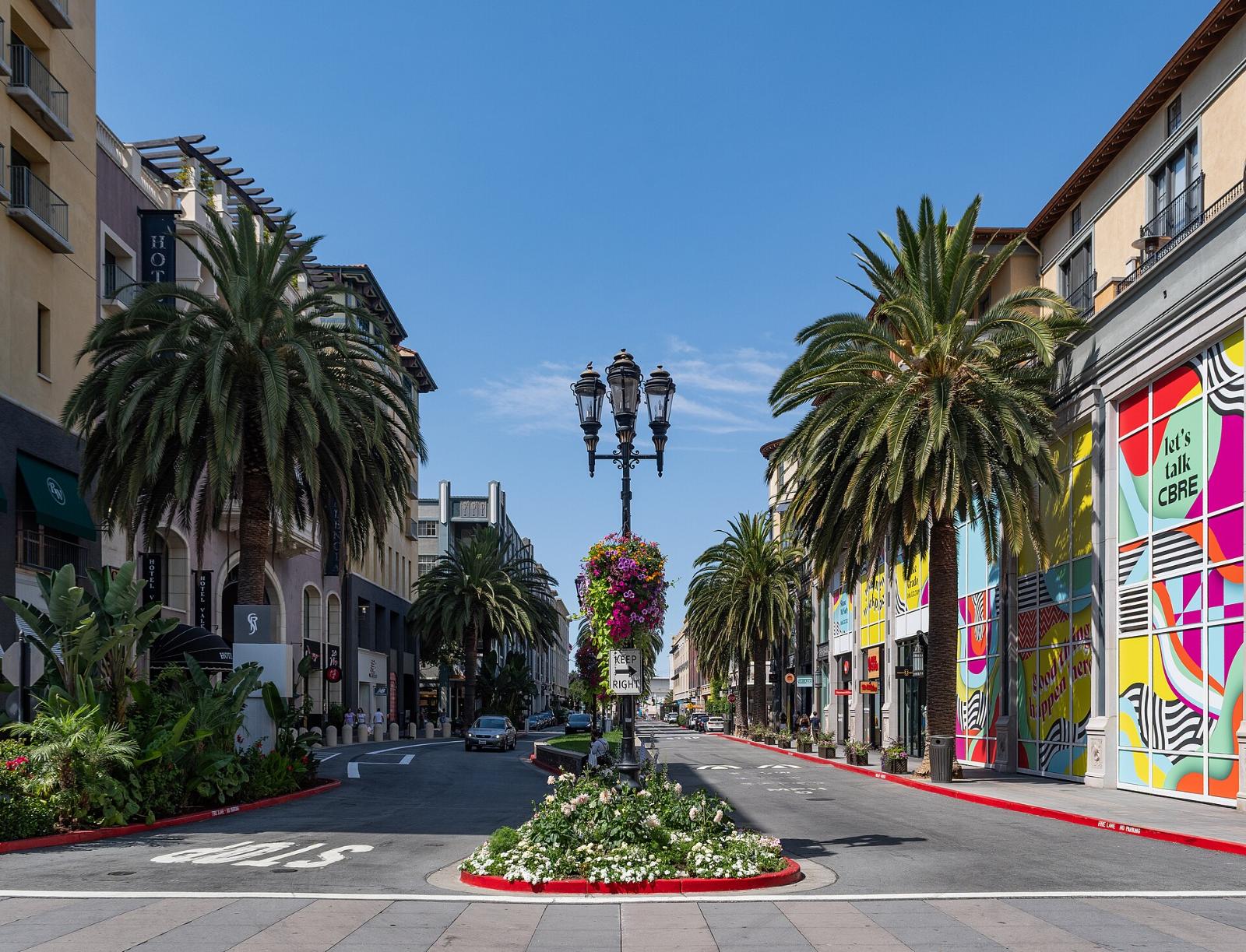 Palm trees and shops along Santana Row in West San Jose